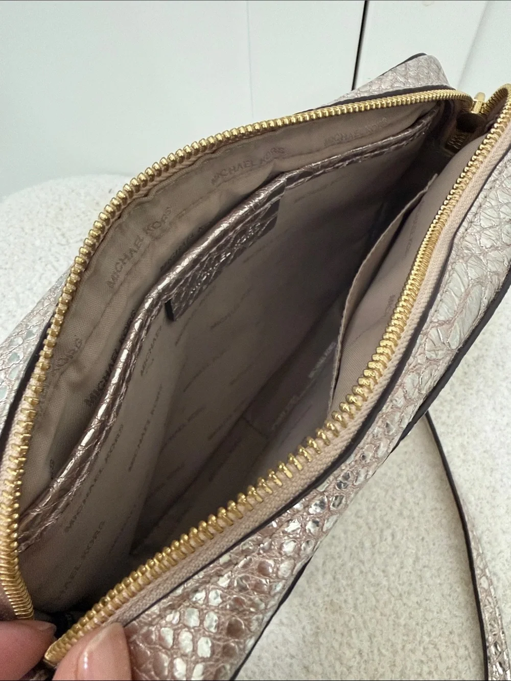 Michael Kors Metallic Snake-Embossed Crossbody Bag in Rose Gold